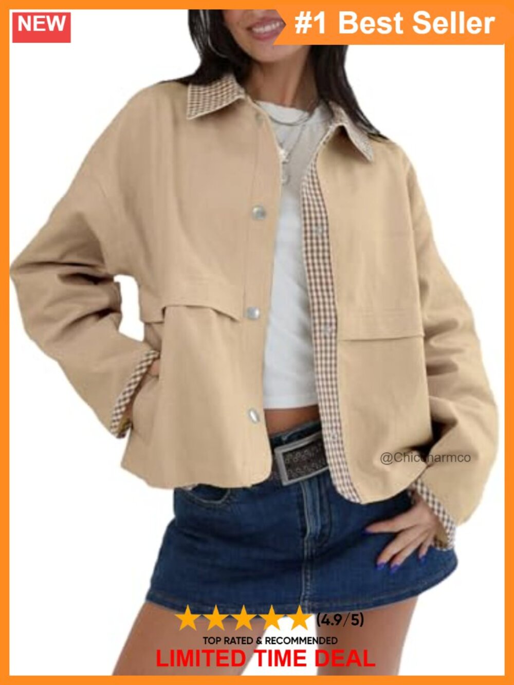 Women's Gingham Cropped Jacket Lightweight Lapel Short Trench Coat